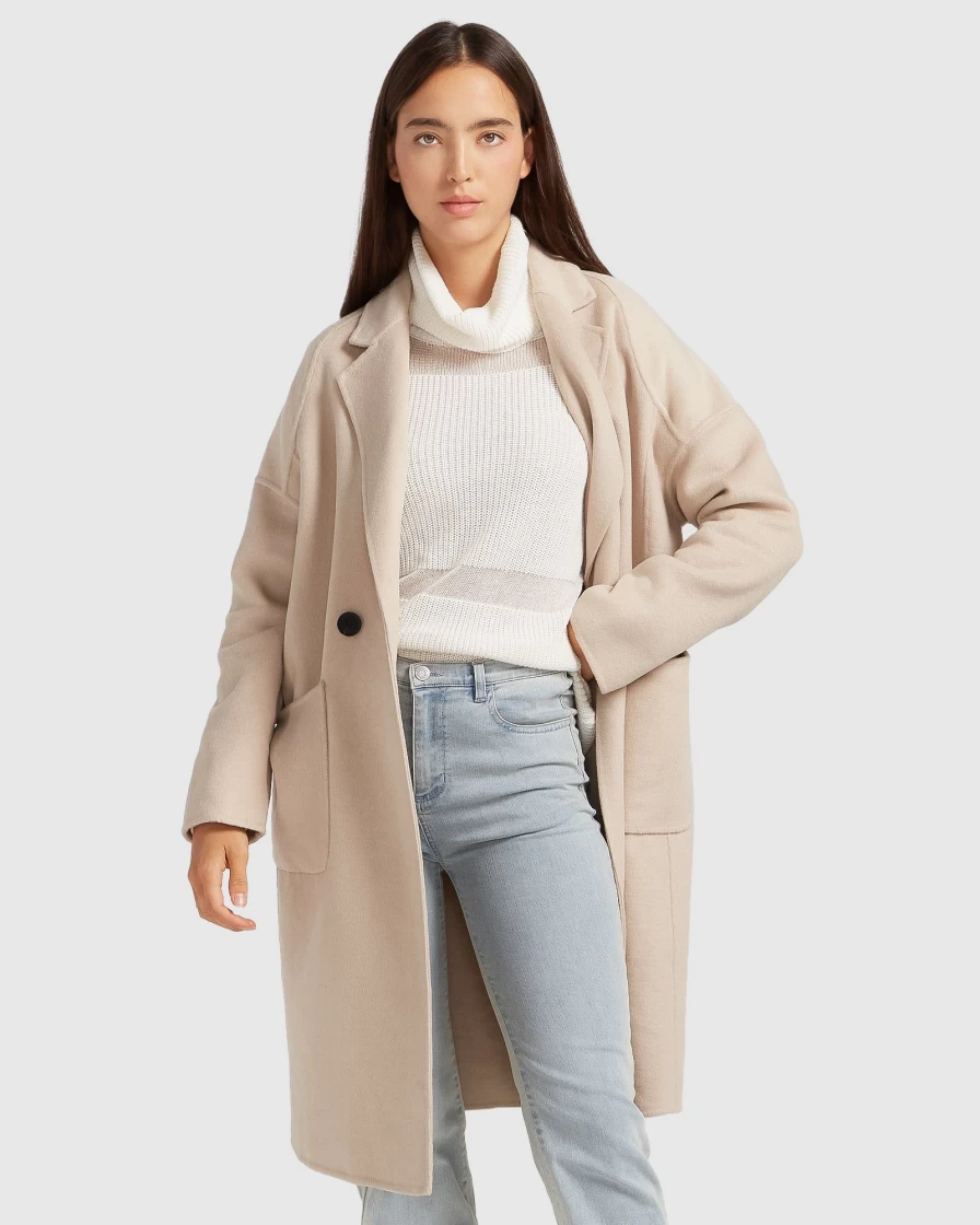 Belle & Bloom Women's Sand Double-Breasted Wool Blend Coat - Elegant Winter Outerwear