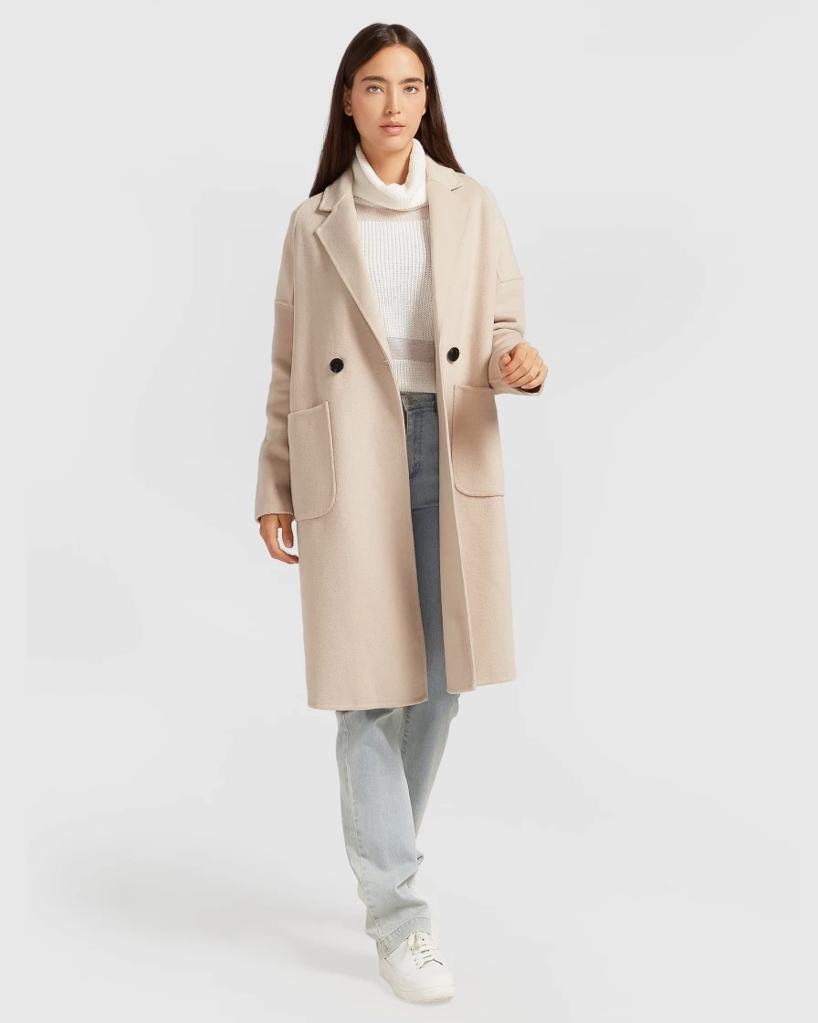Belle & Bloom Women's Sand Double-Breasted Wool Blend Coat - Elegant Winter Outerwear