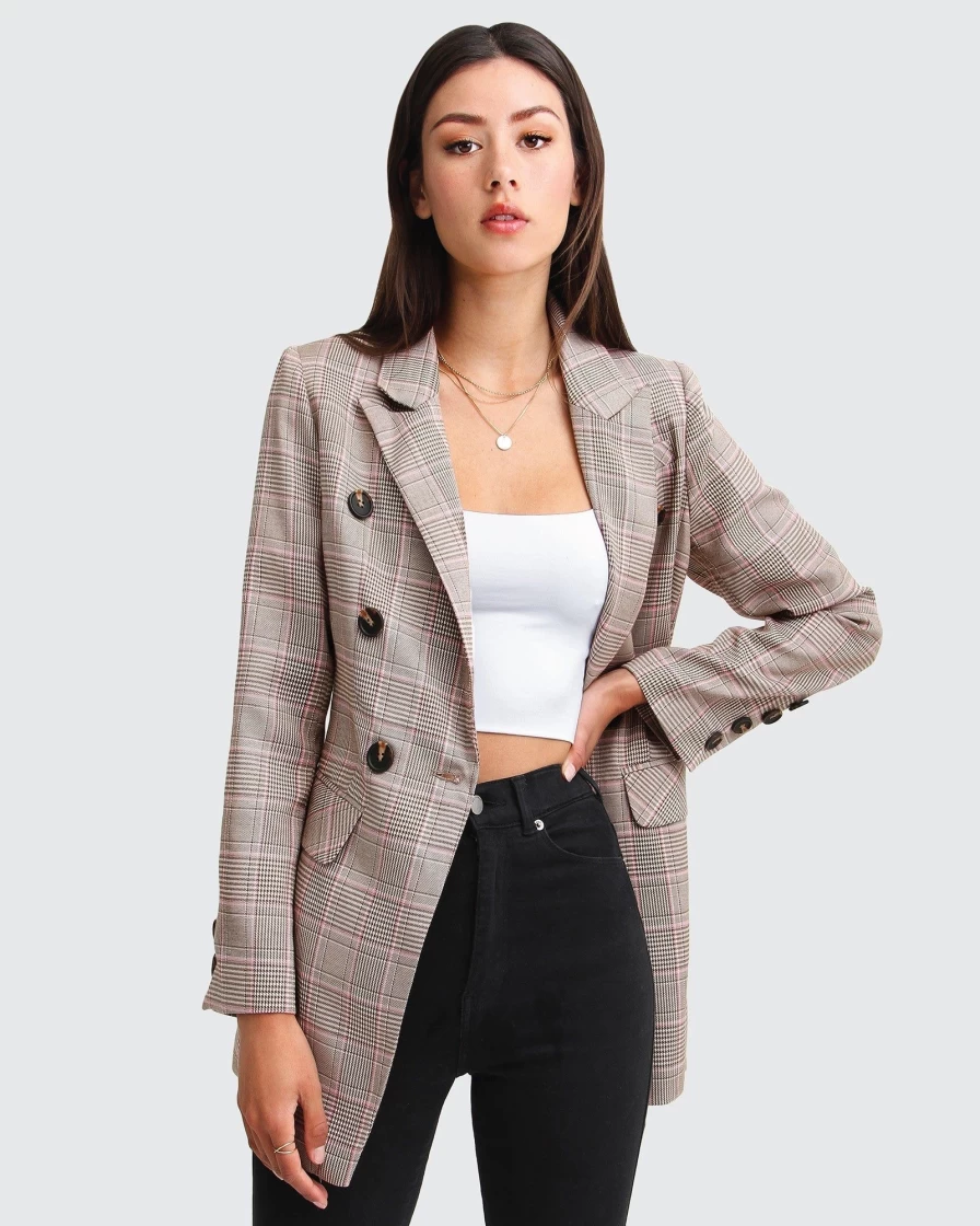 Belle & Bloom Women's Brown Plaid Blazer - Stylish Office & Casual Jacket