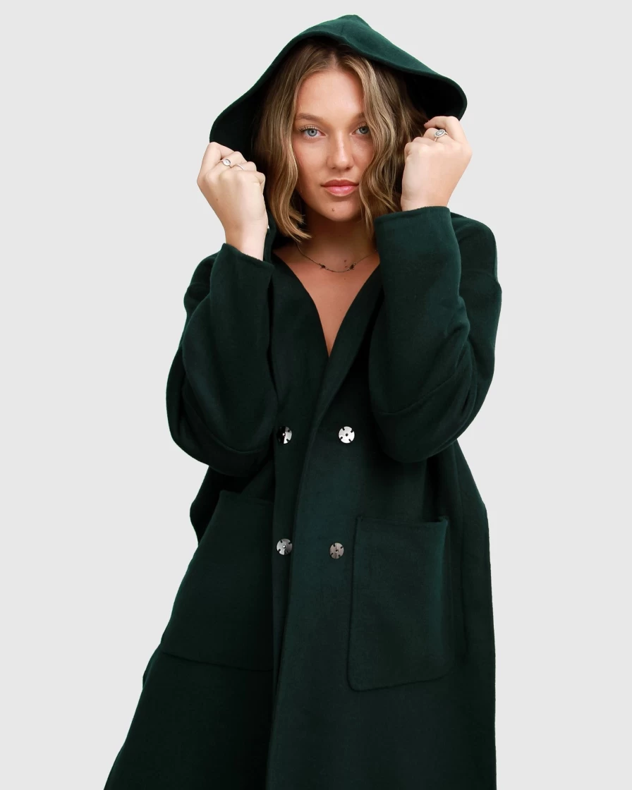 Belle & Bloom Women's Dark Green Oversized Wool Blend Coat - Walk This Way Style