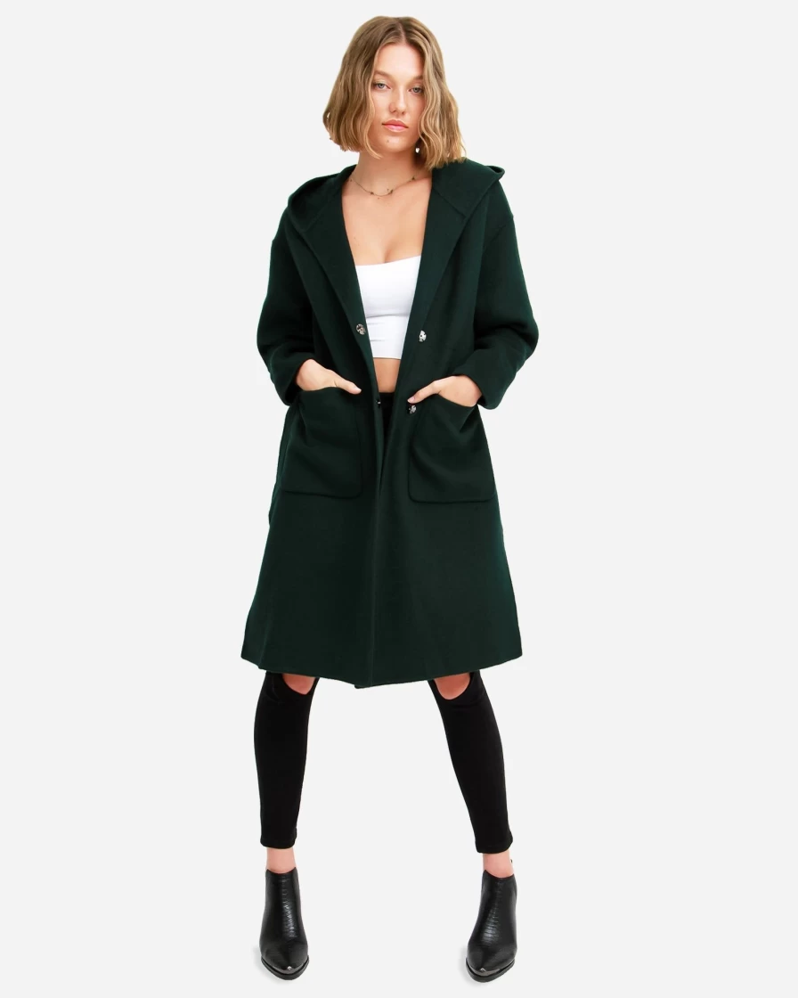 Belle & Bloom Women's Dark Green Oversized Wool Blend Coat - Walk This Way Style