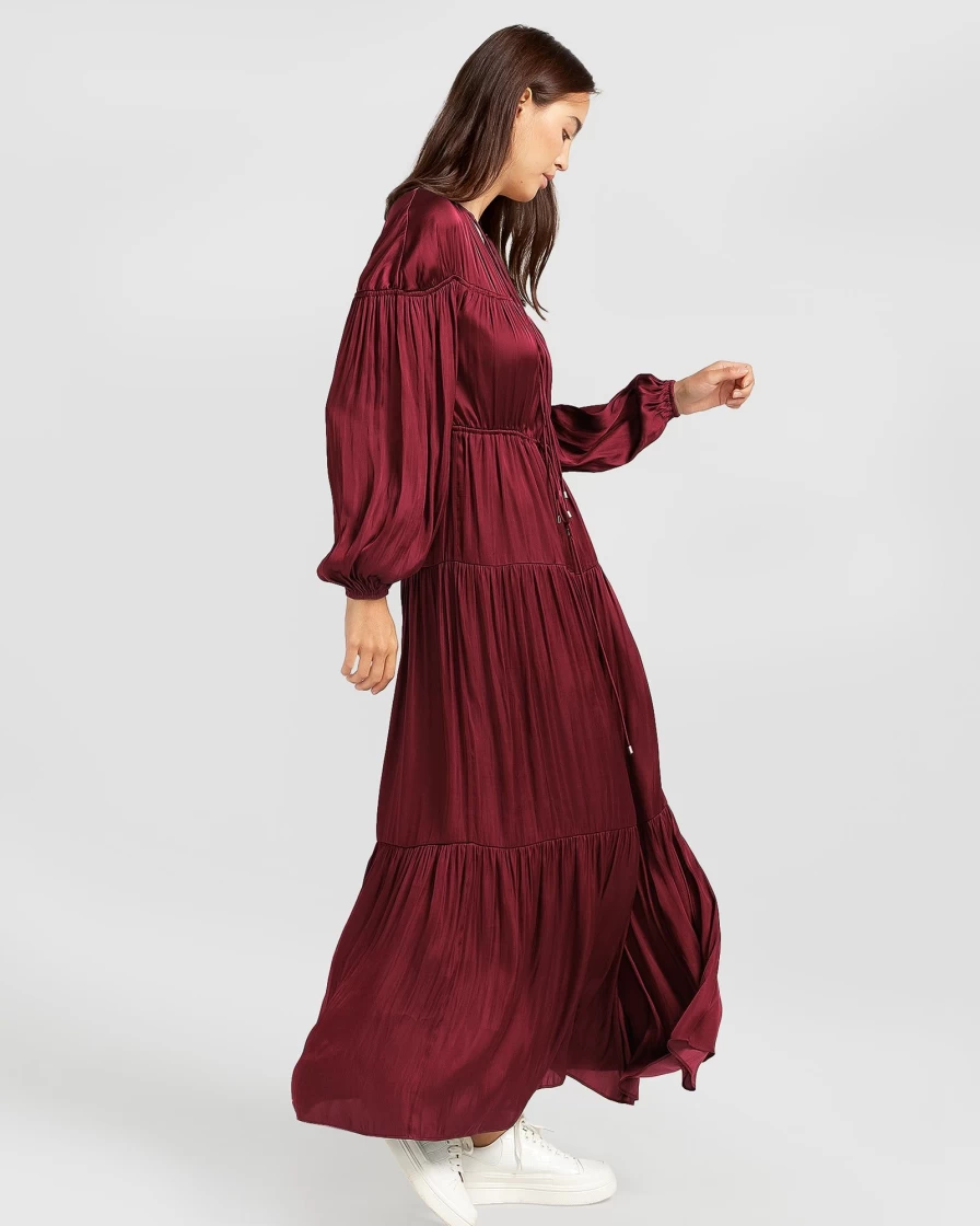 Belle & Bloom Women's Merlot Window Seat Tiered Maxi Dress - Elegant Long Flowy Summer Dress