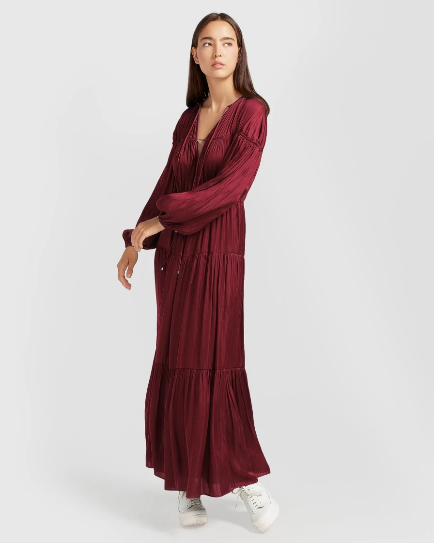 Belle & Bloom Women's Merlot Window Seat Tiered Maxi Dress - Elegant Long Flowy Summer Dress