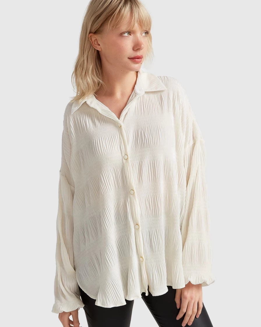 Belle & Bloom Women's Serenade Velvet Plisse Shirt in Off-White | Soft Velvet Blouse