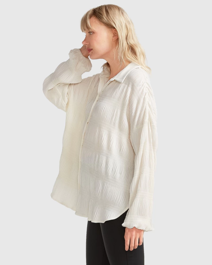 Belle & Bloom Women's Serenade Velvet Plisse Shirt in Off-White | Soft Velvet Blouse