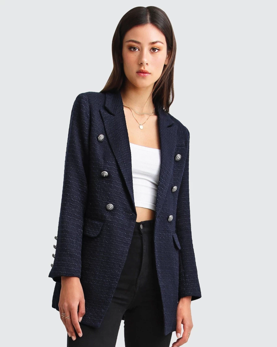 Belle & Bloom Women's Navy Textured Weave Blazer - Princess Polina Stylish Tailored Jacket