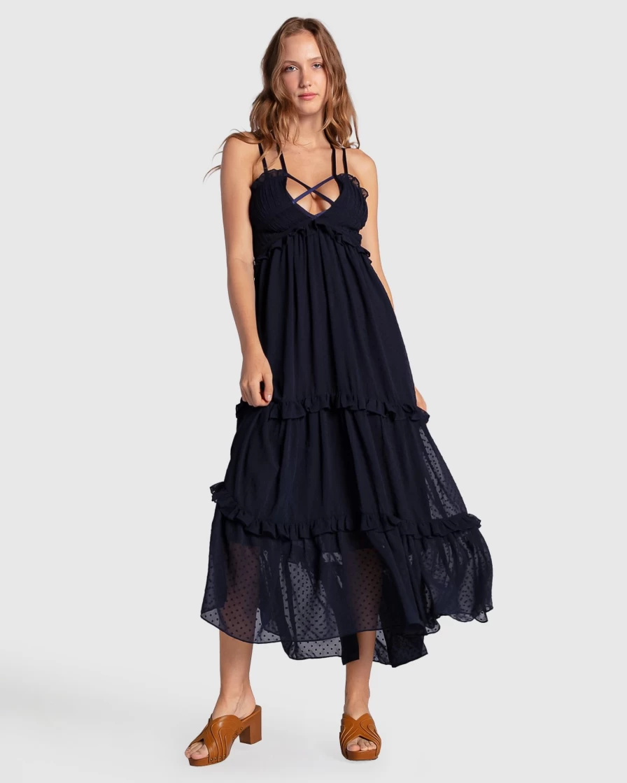 Belle & Bloom Women's Navy As It Was Tiered Midi Dress - Flowy Summer Casual Elegant Style