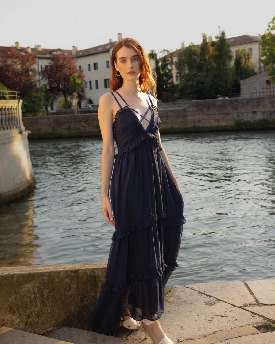 Belle & Bloom Women's Navy As It Was Tiered Midi Dress - Flowy Summer Casual Outfit