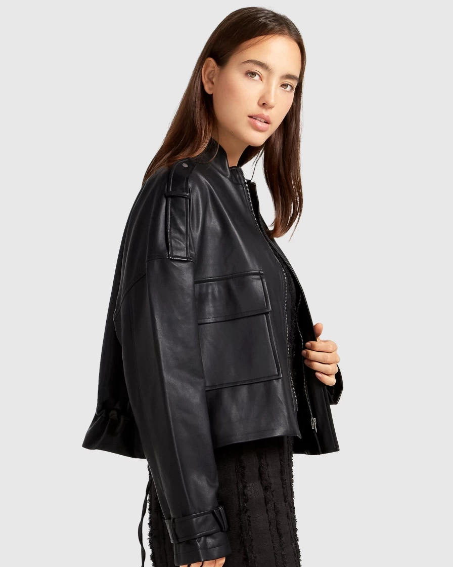 Belle & Bloom Women's Black Draped Faux Leather Jacket - Reload Stylish Outerwear