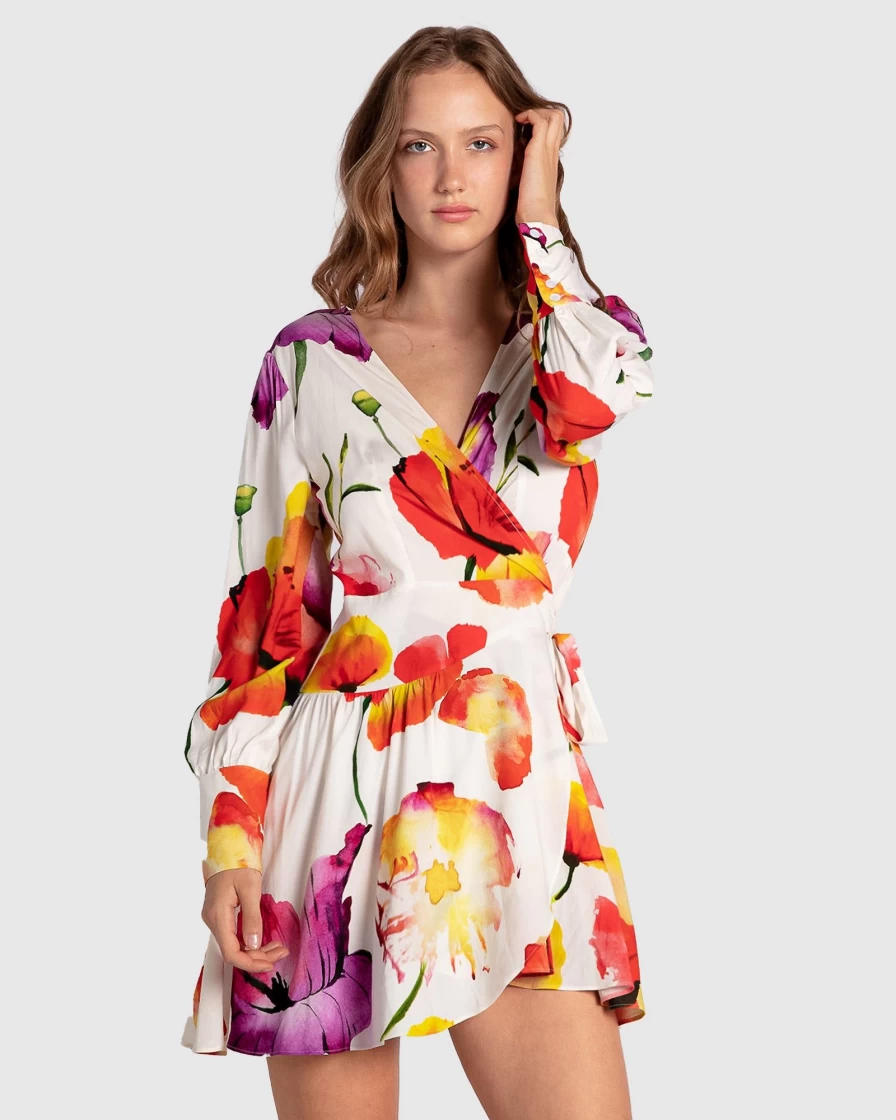 Belle & Bloom Women's Wild Poppies Wrap Dress - Long Sleeve Mini Dancer Dress