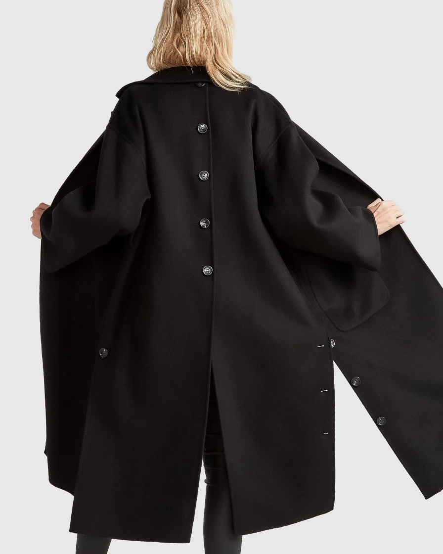 Belle & Bloom Women's Wide Awake Black Split Hem Overcoat - Stylish Long Coat
