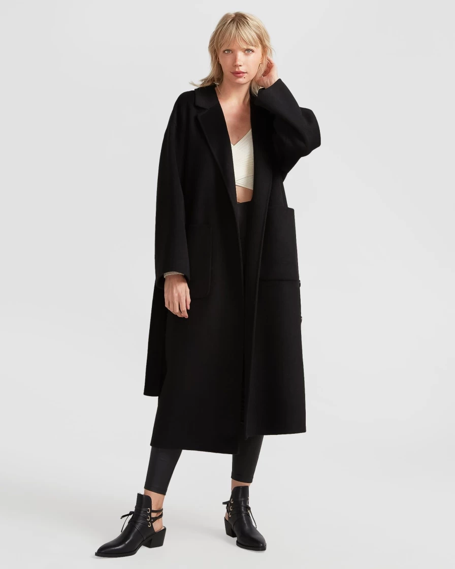 Belle & Bloom Women's Wide Awake Black Split Hem Overcoat - Stylish Long Coat