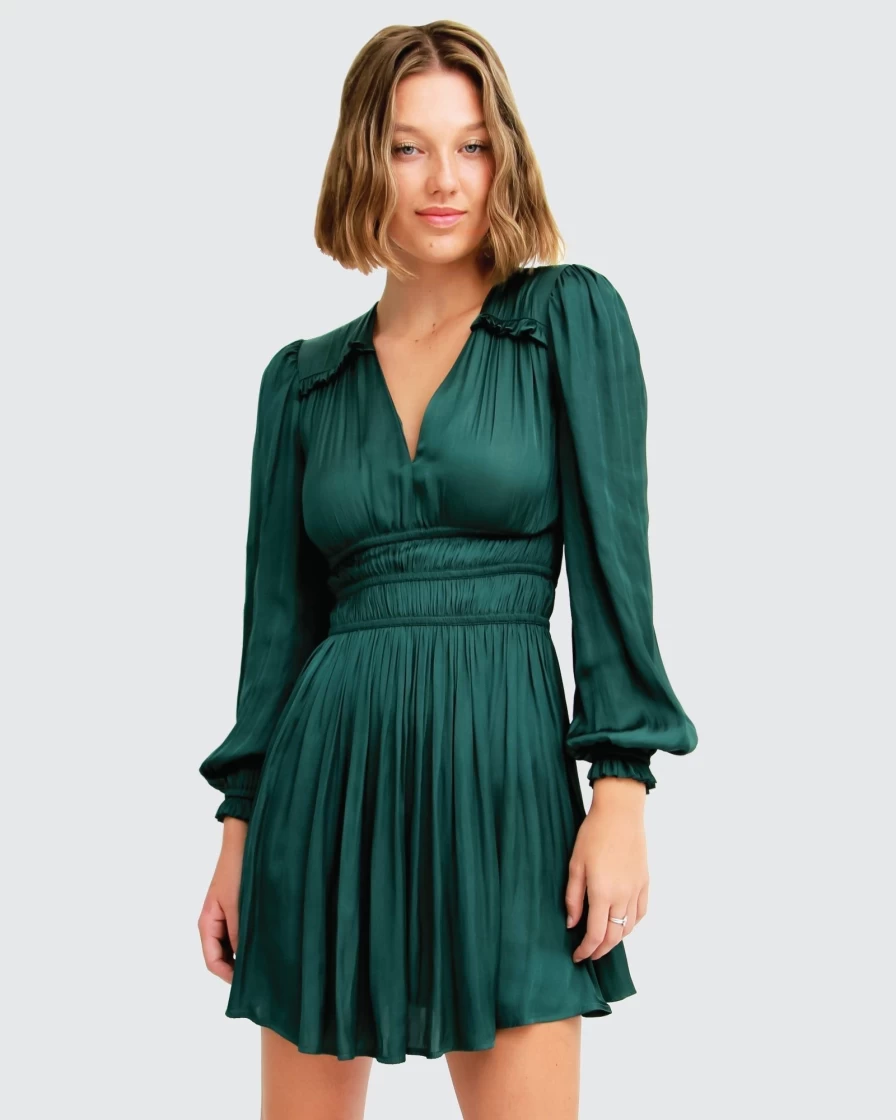 Belle & Bloom Women's Dark Green Ruched Mini Dress - Shine Bright Party Dress