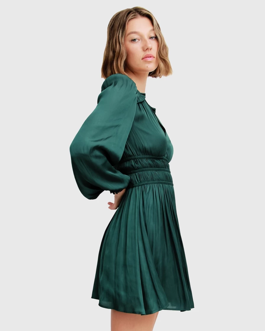 Belle & Bloom Women's Dark Green Ruched Mini Dress - Shine Bright Party & Evening Wear