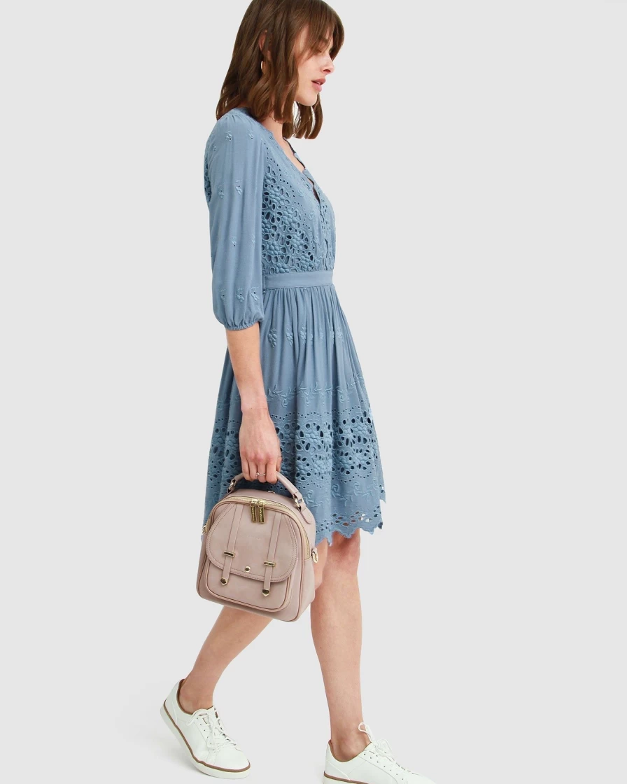 Belle & Bloom Women's Dusty Blue Sweet Talk Eyelet Mini Dress - Floral Lace Summer Dress