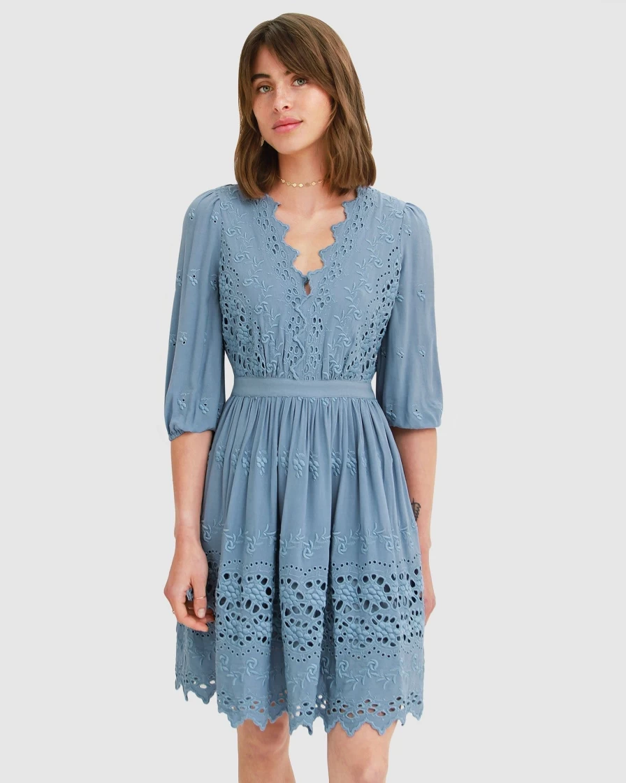 Belle & Bloom Women's Dusty Blue Sweet Talk Eyelet Mini Dress - Floral Lace Summer Dress