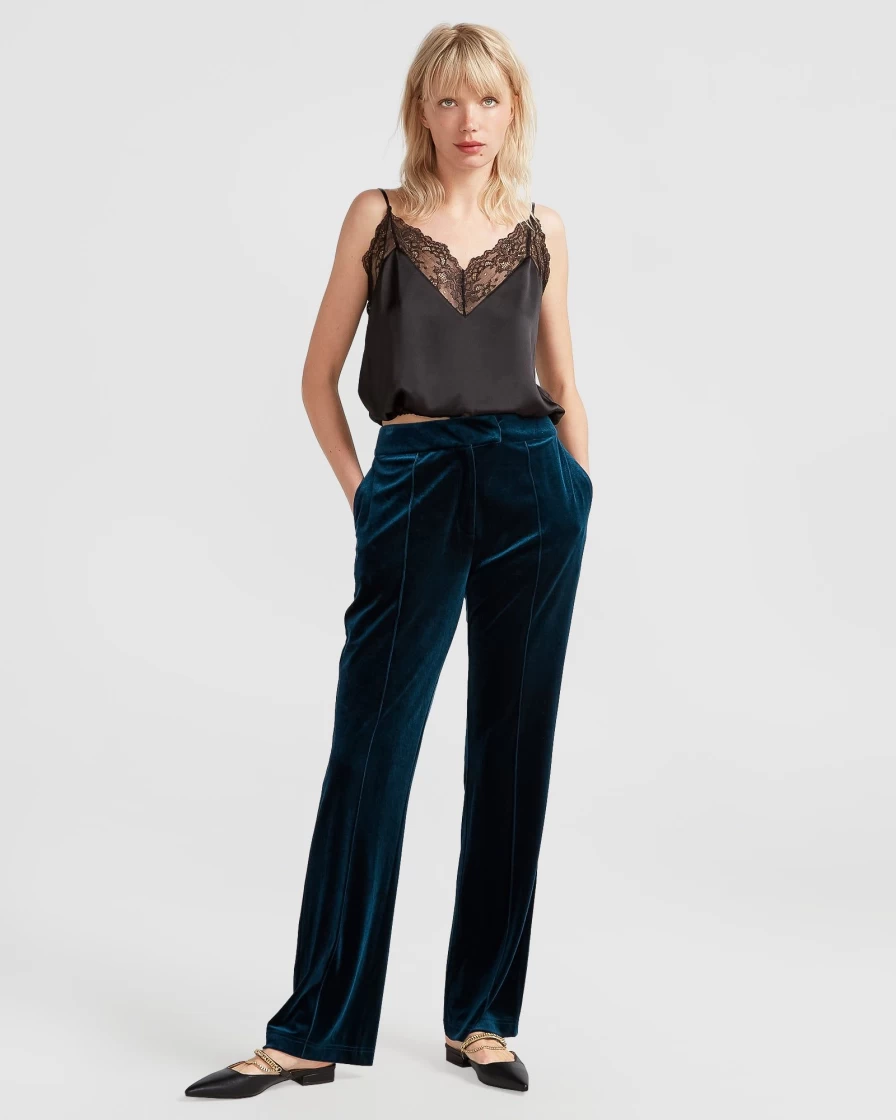 Belle & Bloom Women's Reverie Velvet Pants in Dark Teal - Luxurious High-Waisted Trousers for Elegant Comfort