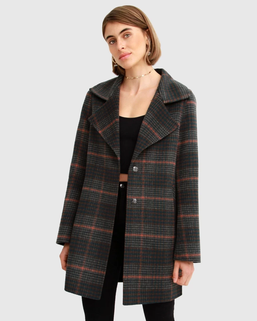 Belle & Bloom Women's Oversized Wool Blend Jacket - Brown Plaid Fit Ex-Boyfriend Style Coat