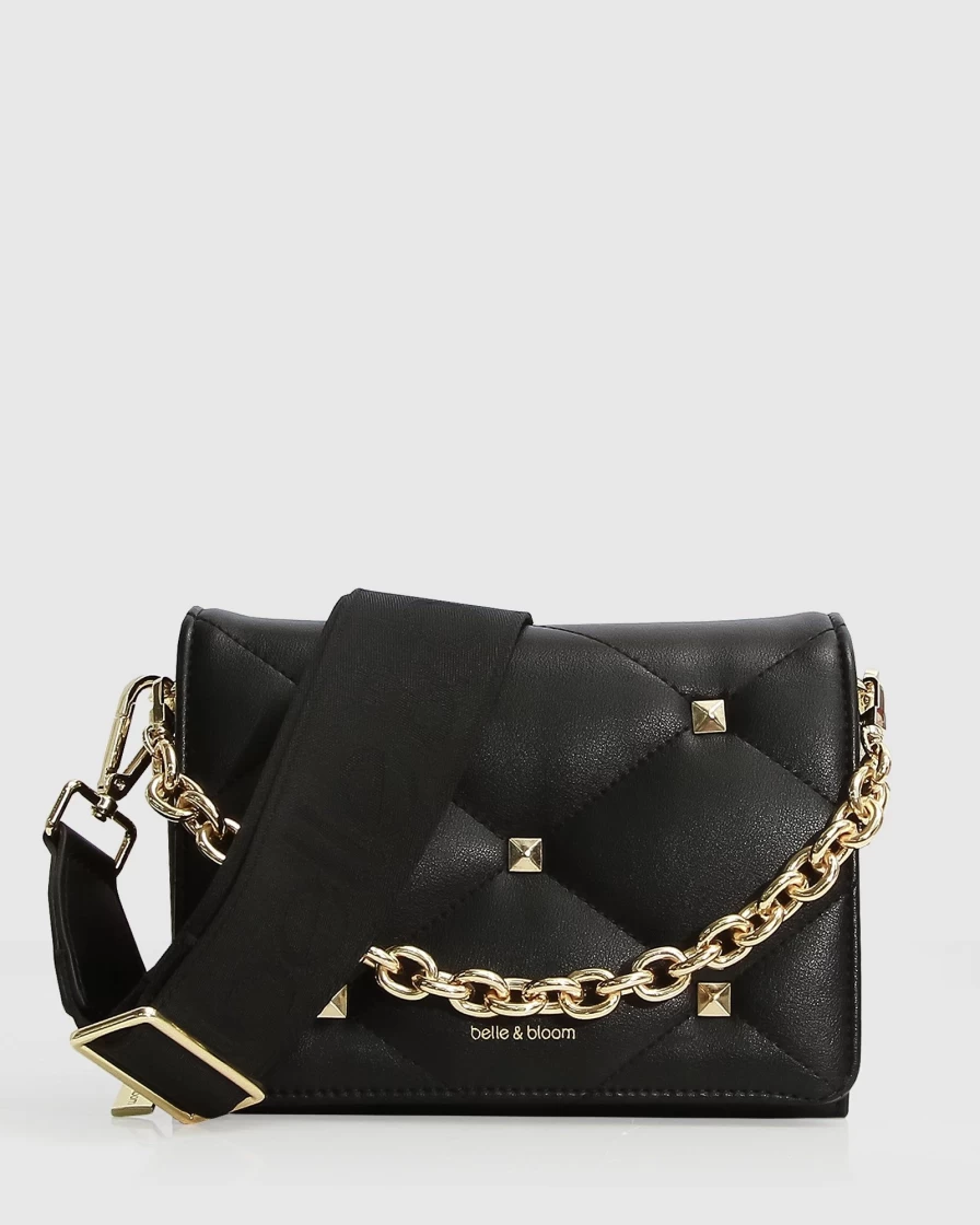Belle & Bloom Women's Boulevard Quilted Crossbody Bag - Black Leather Handbag Purse