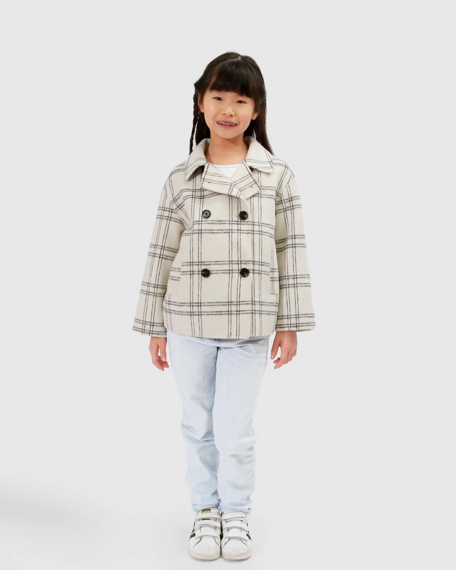 Belle & Bloom Adore You Girls' Cream Check Wool Blend Peacoat - Warm Winter Coat