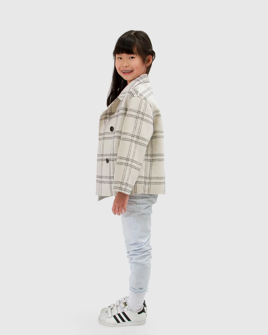 Belle & Bloom Adore You Girls' Cream Check Wool Blend Peacoat - Warm Winter Coat