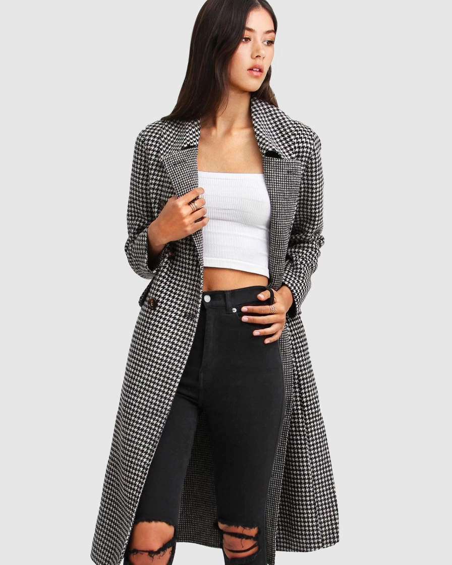 Belle & Bloom Women's Wool Checkered Coat - Black & White Plaid Winter Jacket