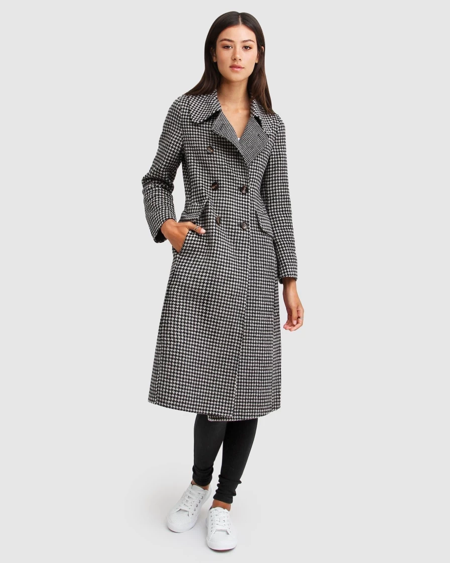 Belle & Bloom Women's Wool Checkered Coat - Black & White Plaid Winter Jacket