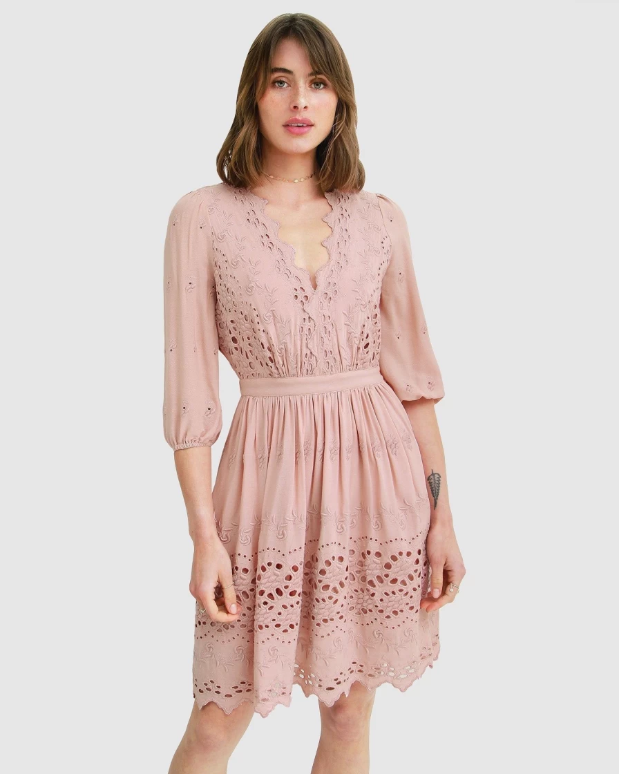 Belle & Bloom Women's Sweet Talk Eyelet Mini Dress in Dusty Rose - Floral Lace Summer Outfit