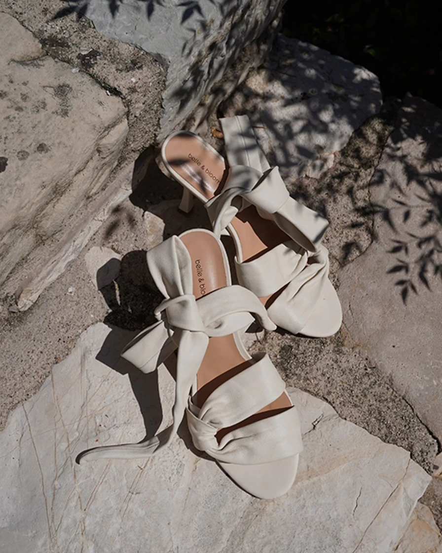 Belle & Bloom Women's Cream Leather Tie Heeled Sandals - Stylish Bad Liar Design