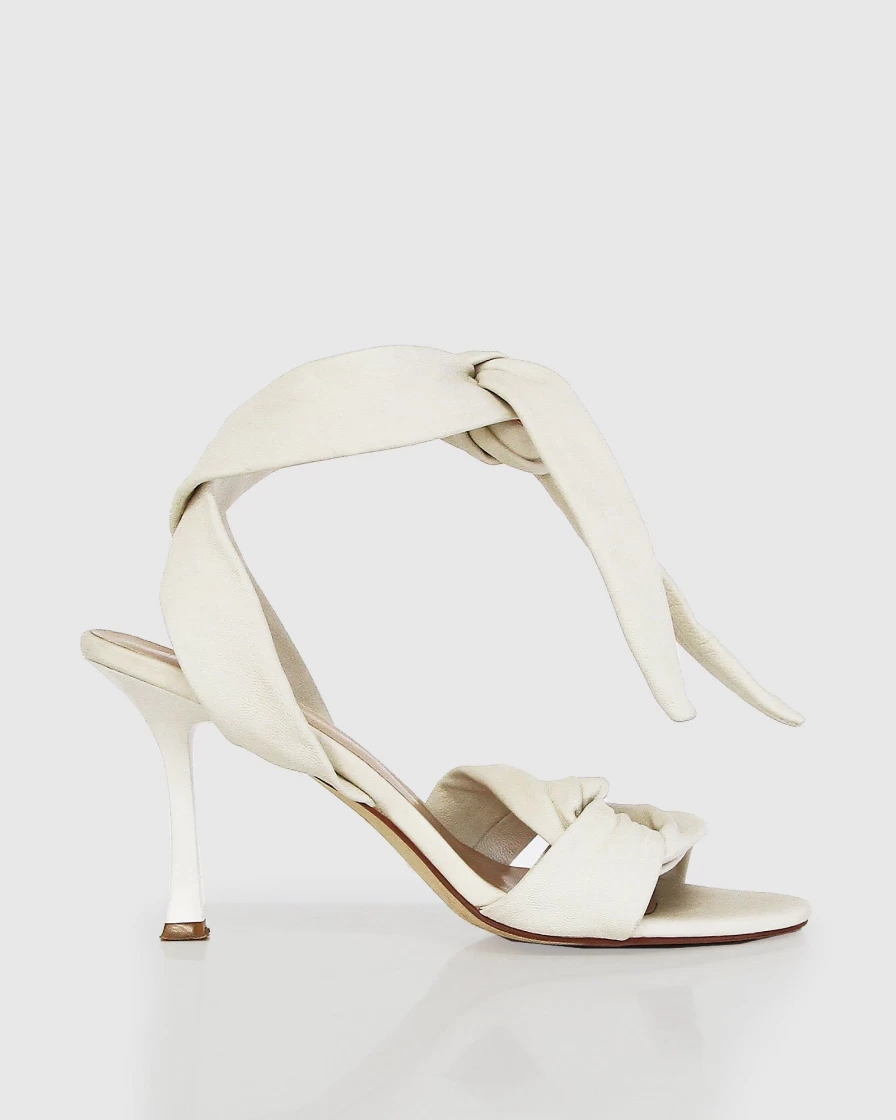 Belle & Bloom Women's Cream Leather Tie Heeled Sandals - Bad Liar Style