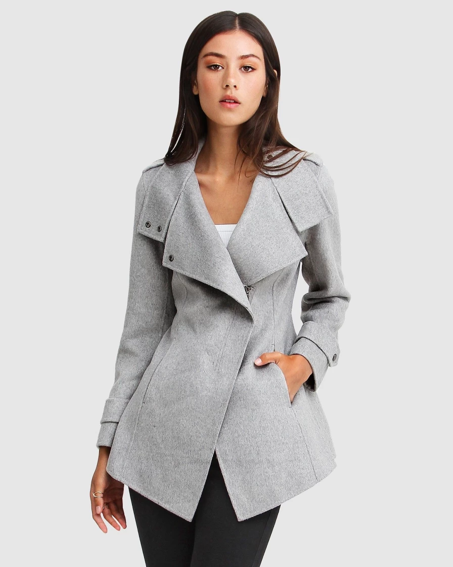 Belle & Bloom Women's Grey Marle Wool Blend Moto Jacket - New Fit Bad Girl Coat