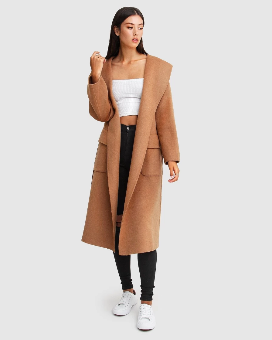 Belle & Bloom Women's Runaway Dark Camel Wool Blend Robe Coat - Luxurious Warm Wrap
