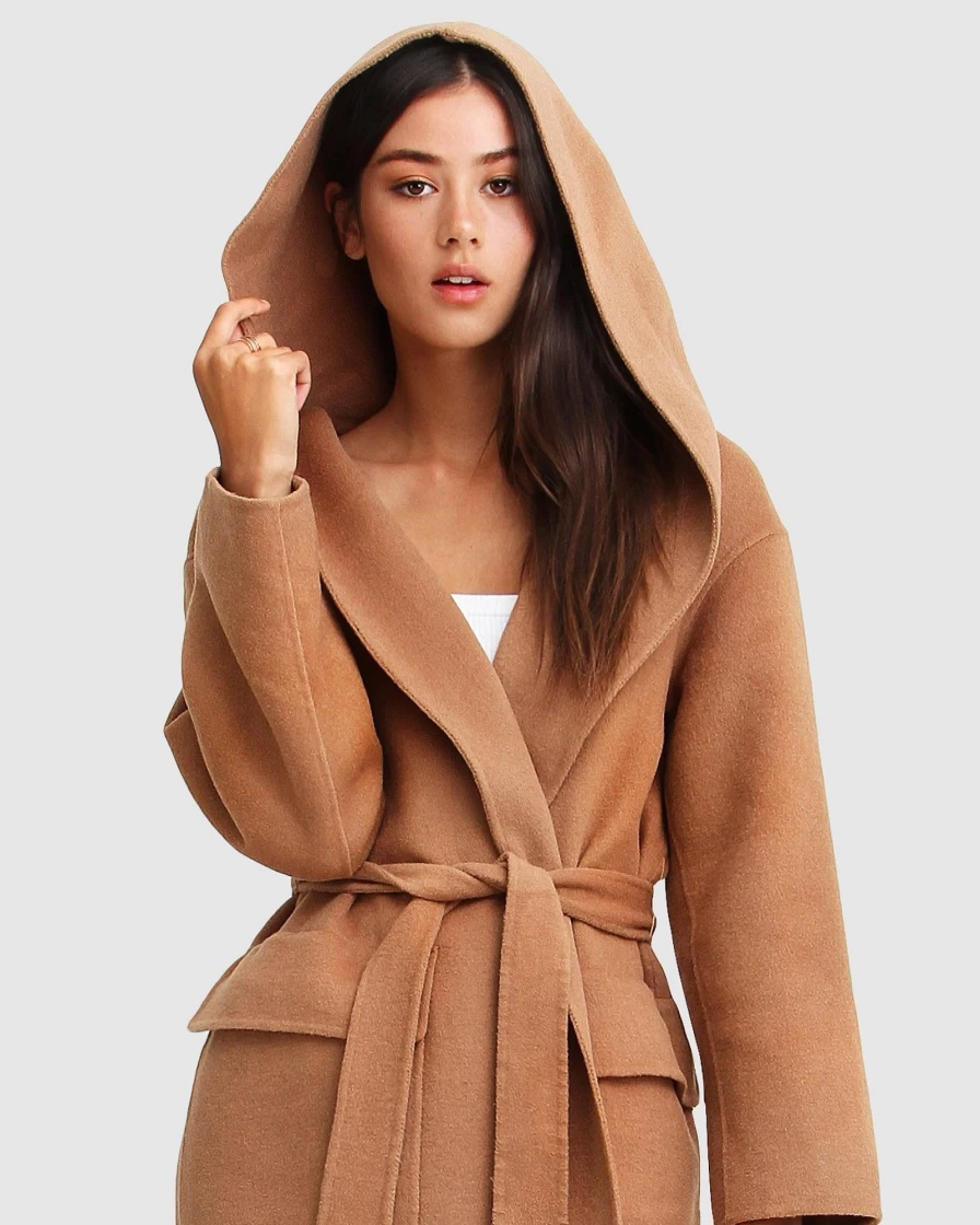Belle & Bloom Women's Runaway Dark Camel Wool Blend Robe Coat - Luxurious Warm Wrap
