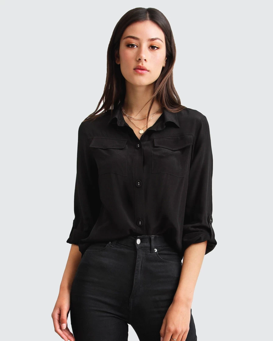 Belle & Bloom Women's Eclipse Rolled Sleeve Blouse - Black Stylish Top