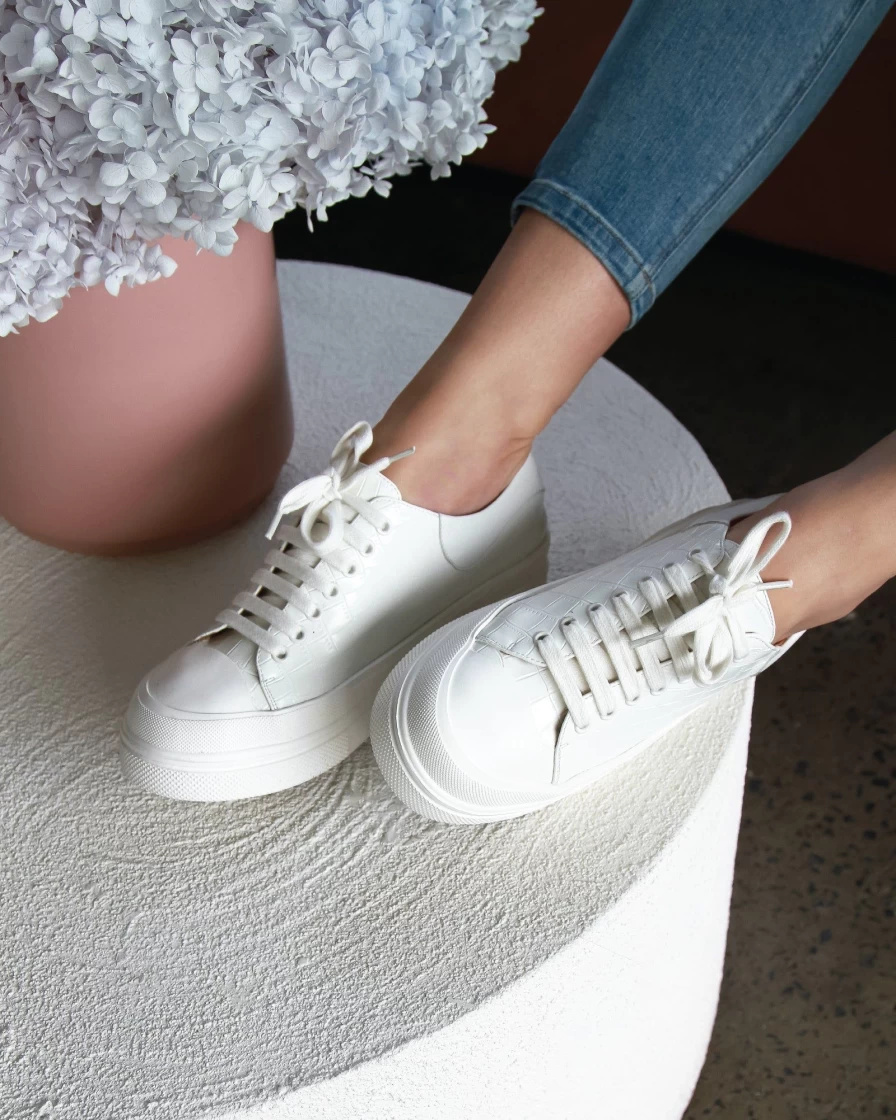Belle & Bloom Women's Just A Dream White Croc Leather Sneakers - Comfortable & Stylish