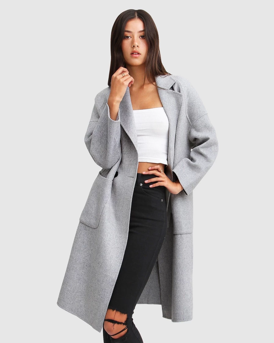 Belle & Bloom Women's Double-Breasted Wool Blend Coat - Grey Marle Trench Coat