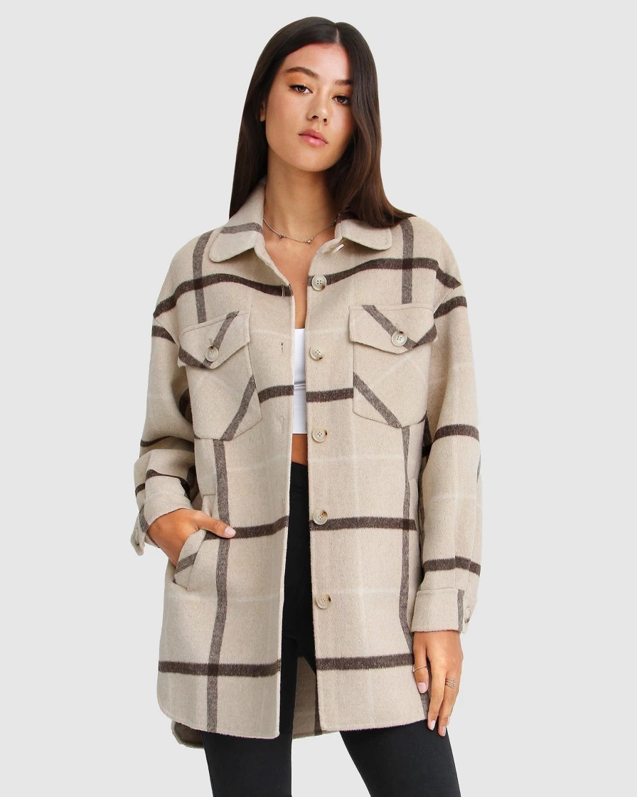 Belle & Bloom Women's Beige Plaid Shacket - River's Edge Style Cozy Overshirt