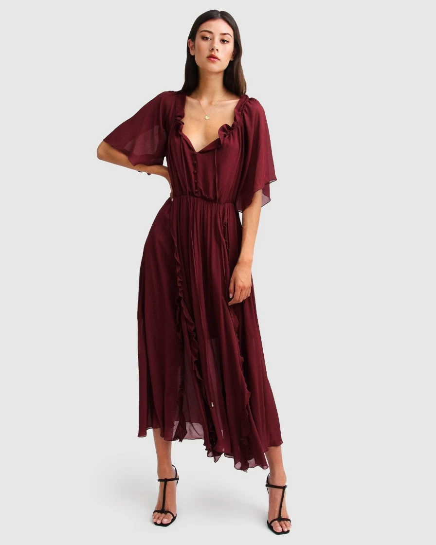 Belle & Bloom Women's Burgundy Amour Amour Ruffled Midi Dress - Elegant Floral Design