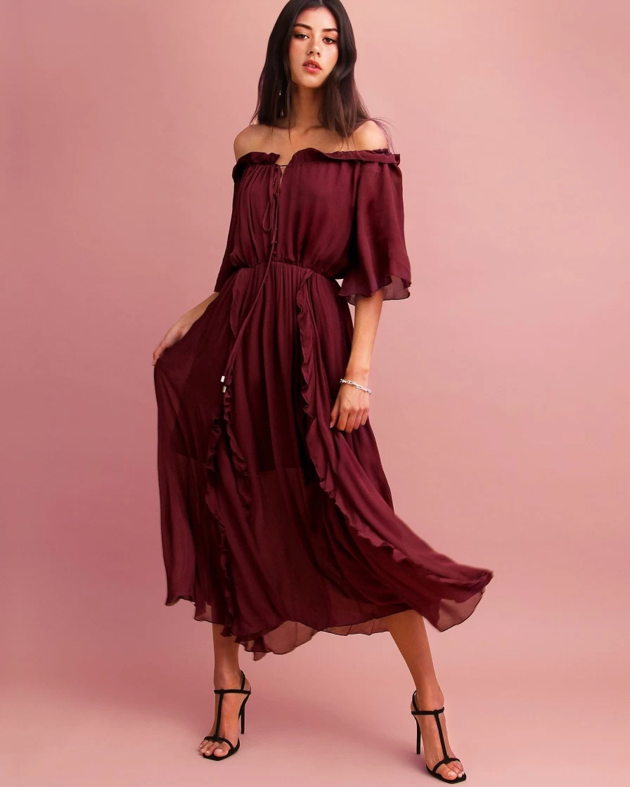 Belle & Bloom Women's Burgundy Amour Amour Ruffled Midi Dress - Elegant Floral Print Party Gown