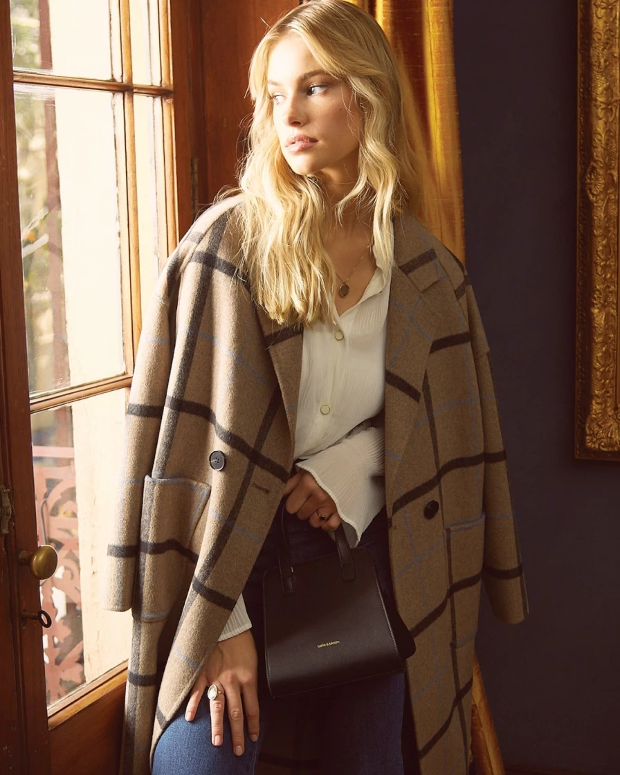 Belle & Bloom Women's Oat Plaid Double-Breasted Wool Blend Coat - Elegant Winter Jacket
