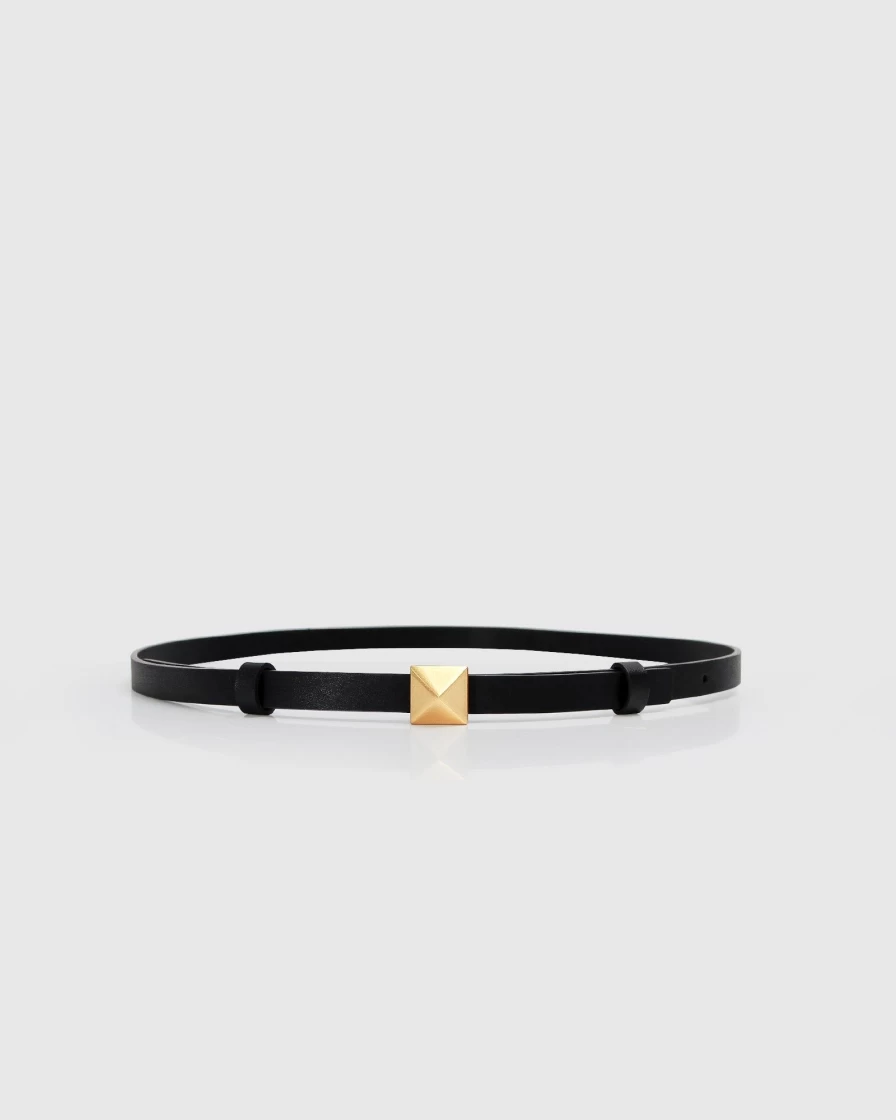 Belle & Bloom Women's Black Leather Belt with Cleopatra Pyramid Studs - Fashion Waistband for Women