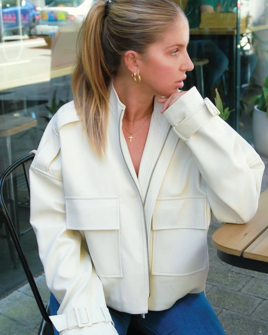 Belle & Bloom Women's Cream Draped Faux Leather Jacket - Reload Style