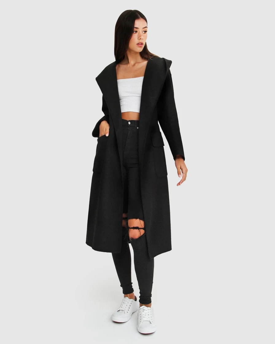 Belle & Bloom Women's Runaway Black Wool Blend Robe Coat - Elegant Longline Wrap Style