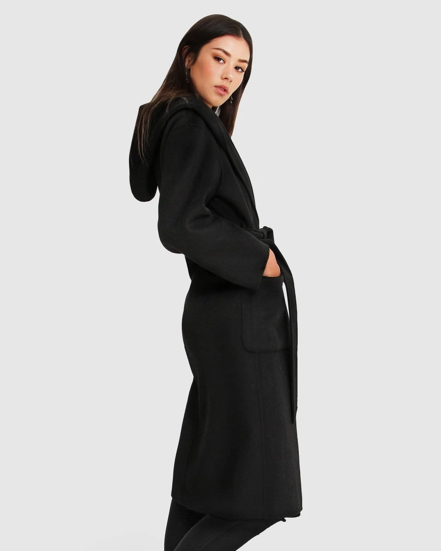 Belle & Bloom Women's Runaway Black Wool Blend Robe Coat - Elegant Longline Wrap Style