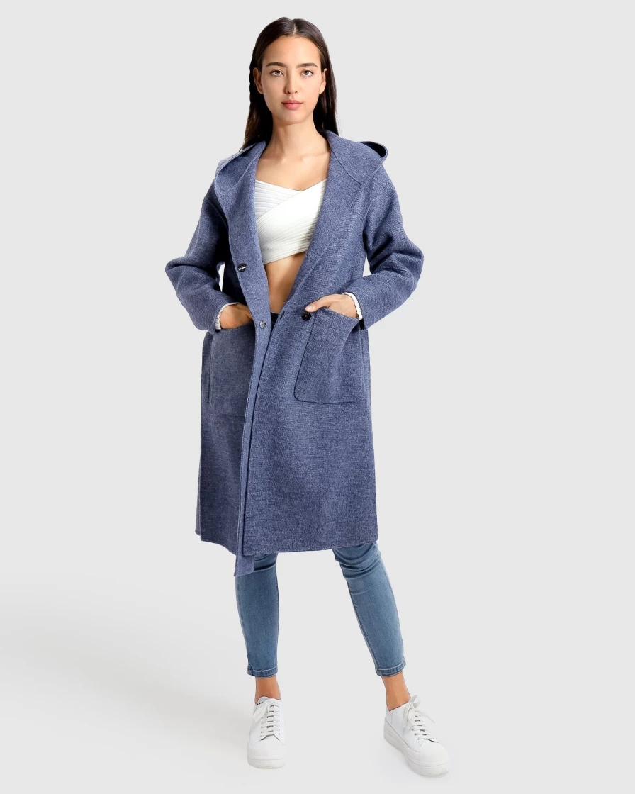 Belle & Bloom Women's Navy Micro Check Wool Blend Oversized Coat - Walk This Way Style