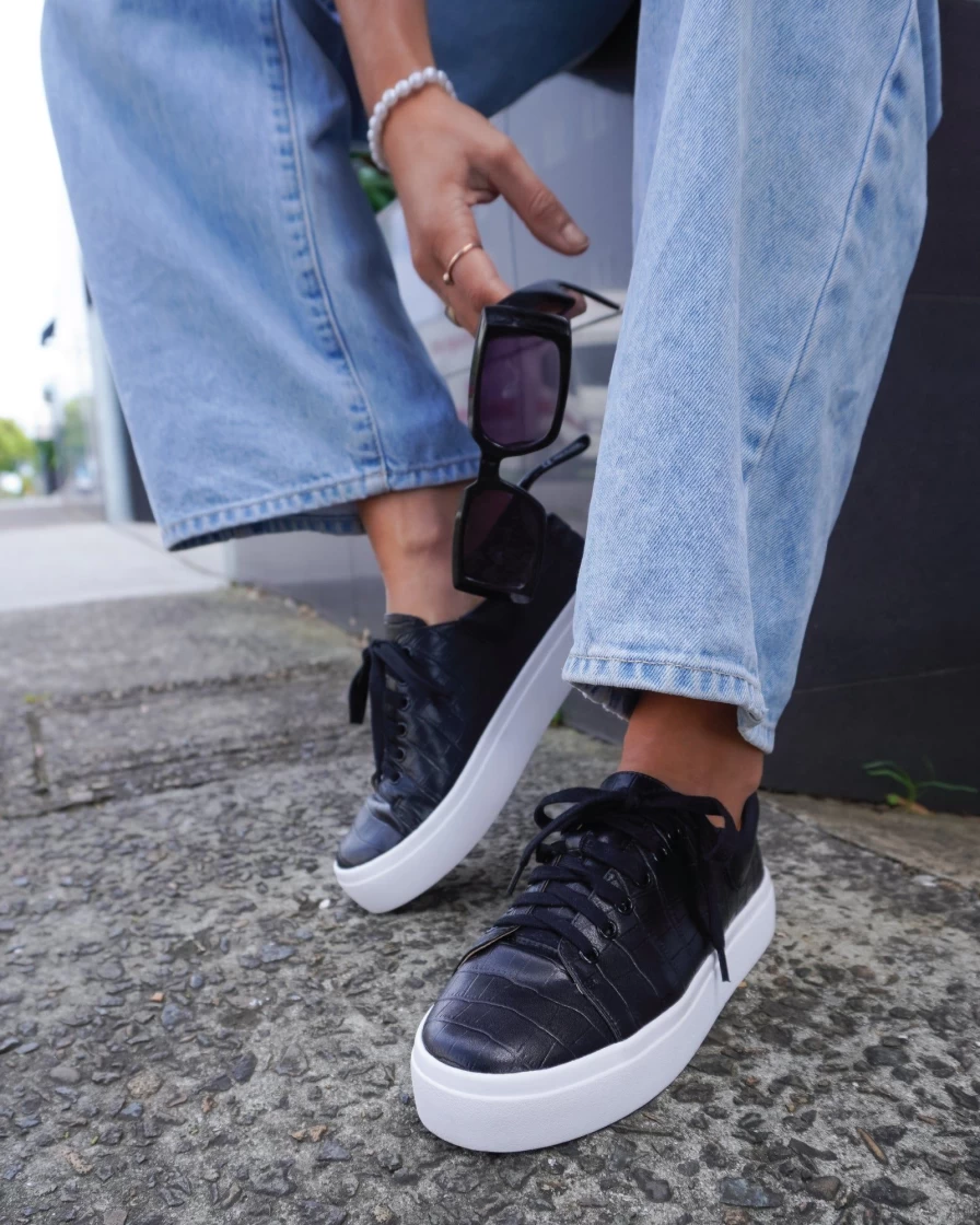 Belle & Bloom Women's Just A Dream Black Croc Leather Sneakers