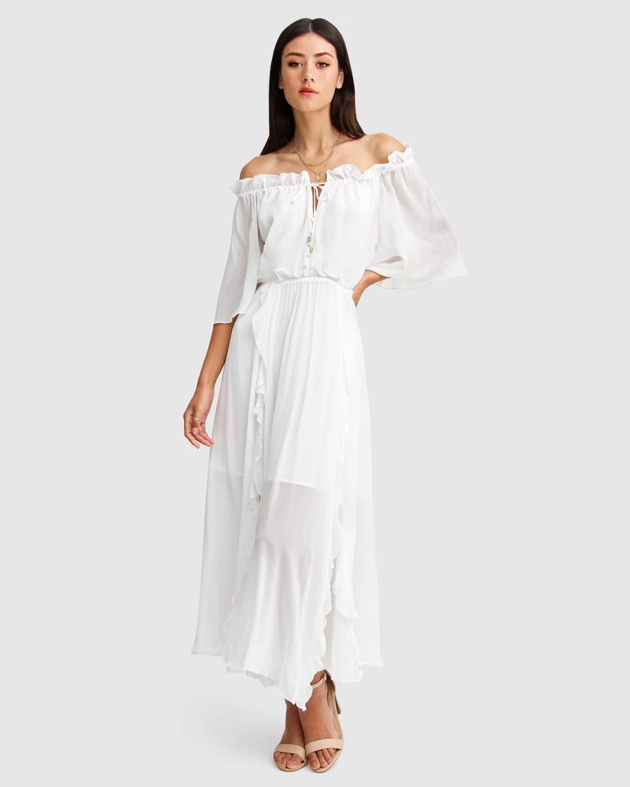 Belle & Bloom Women's Amour Amour White Ruffled Midi Dress - Elegant Floral Design