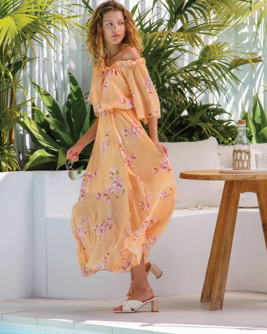 Belle & Bloom Women's Amour Amour Peach Peonies Ruffled Midi Dress - Floral Summer Dress