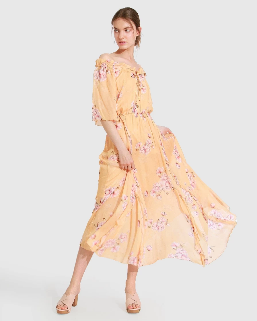 Belle & Bloom Women's Amour Amour Ruffled Midi Dress in Peach Peonies Floral Print