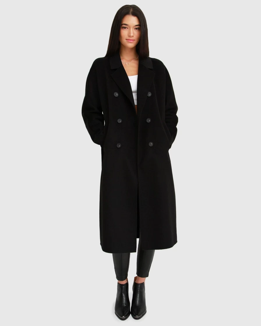Belle & Bloom Women's Double-Breasted Wool Coat - Black Boss Girl Trench Coat